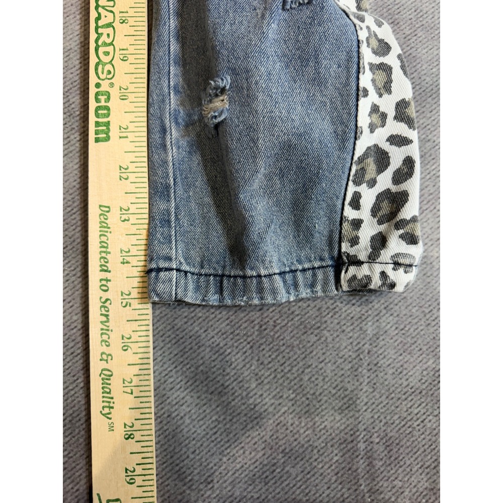 BIB! Womens Distressed Denim Overalls Leopard Print Side Stripe Blue Size S - Picture 3 of 5